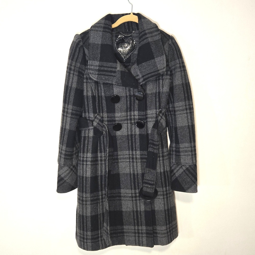 Guess Pea Coat Womens Medium Grey Black Plaid Belted Wool Blend Double Breasted